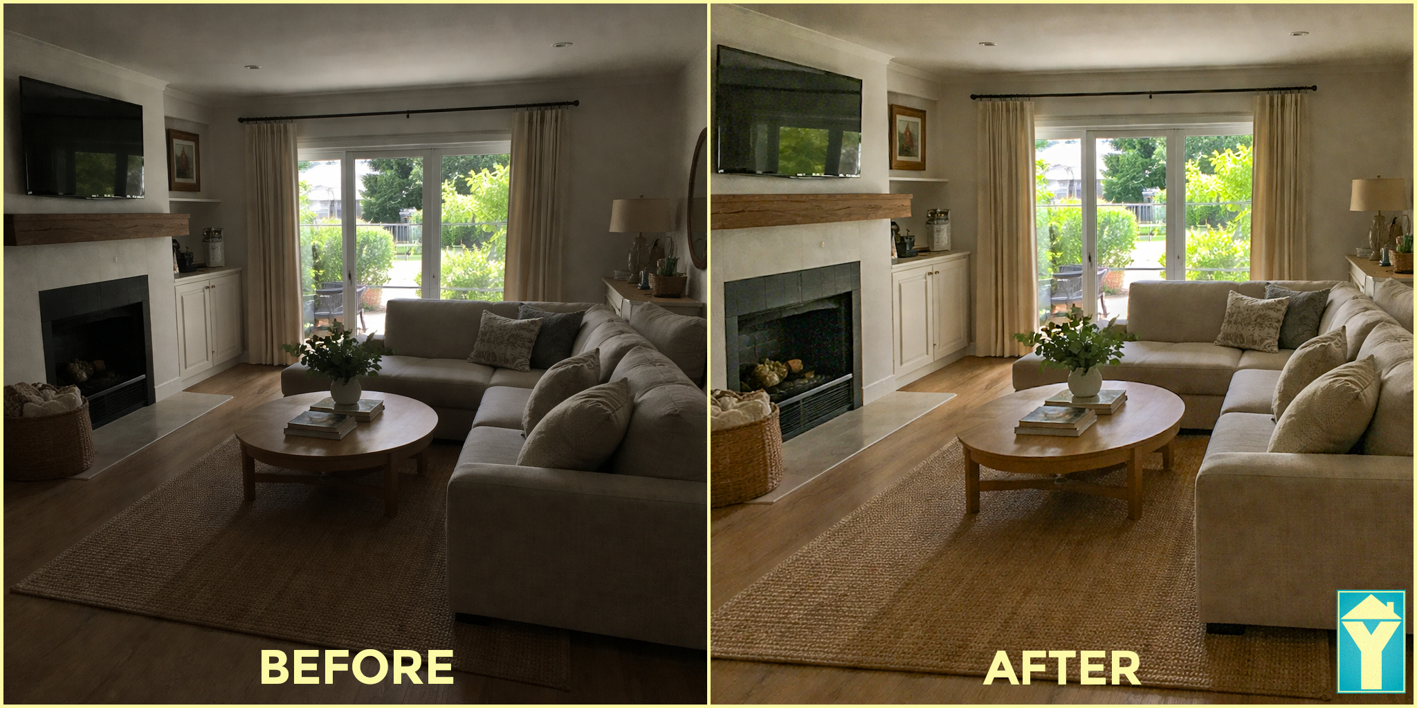 Before and after comparison of a home interior photo showing a darker original smartphone image and a brighter enhanced version edited within the YELLOW real estate platform.